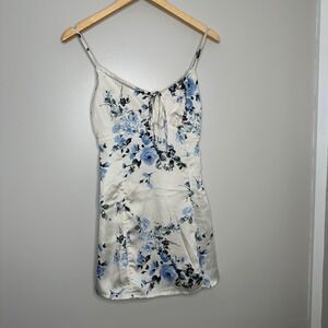 HONEY PUNCH Women's Floral Satin Slip Mini Dress Blue Roses‎ Spaghetti Strap S